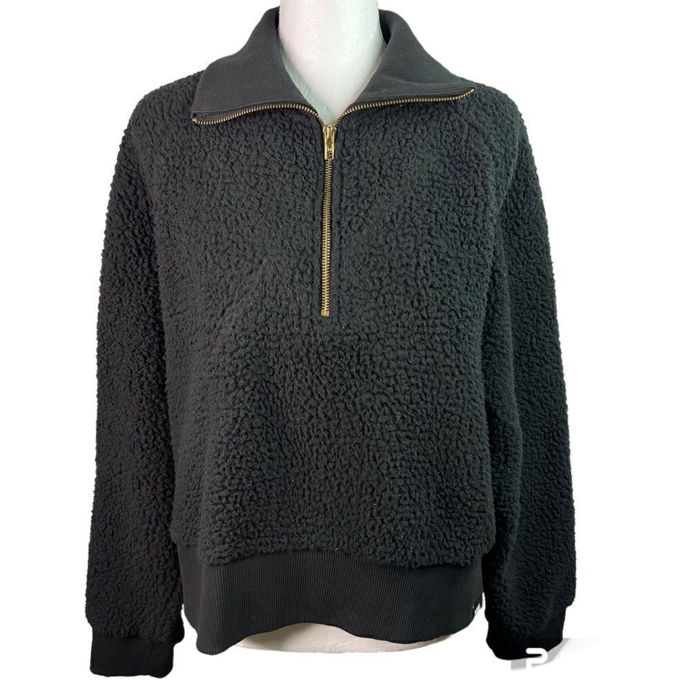 PINK Victoria Secret Sherpa Fleece Pullover 3/4 Zip Crop Black Sweater  Sz L
